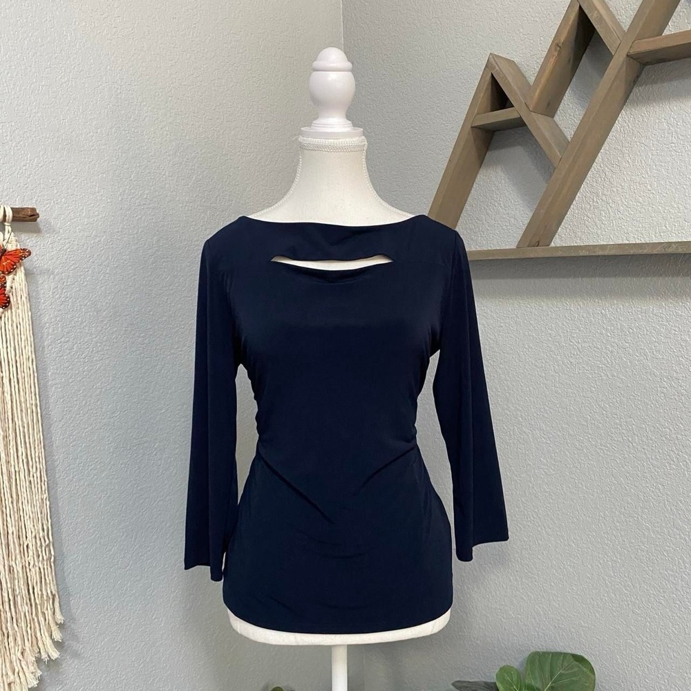 PREMISE STUDIO NAVY BLUE QUARTER SLEEVE TOP KEYHOLE NECKLINE BOHO OFFICE GRUNGE